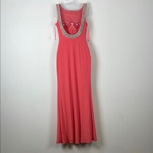 La Femme Beaded Diamond Neckline Sleeveless Elegant Peach Wedding Evening Gown 2